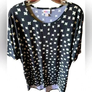Lularoe XS black Irma tunic length top with cream and teal cross pattern. NWT
